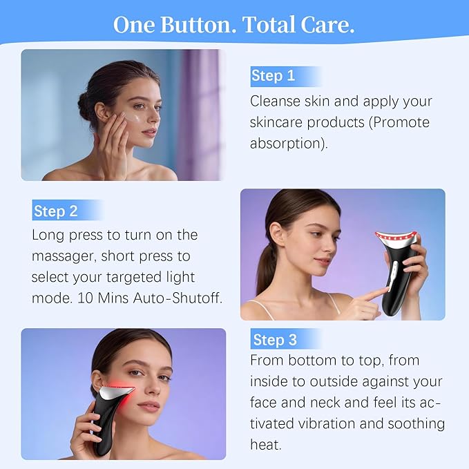 Face Neck Beauty Device, 7-Color Led Light Therapy Face Neck Massager, Multifunctional Vibration & Heat Facial Skin Care Tool, Ideal for Home Travel Skin Care, Black