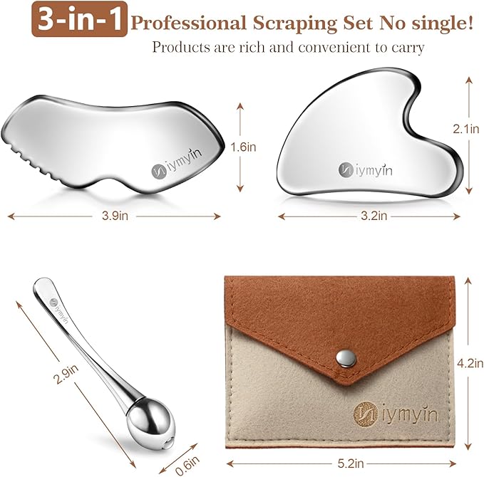 3 in 1 Stainless Steel Gua Sha Tools with Cold Therapy, Face and Body Skin Massage, Facial Scraping Tools for Jaw Lift Massager, Puffiness Reduction, Lymphatic Drainage & Skin Tightening,Gift-for Her