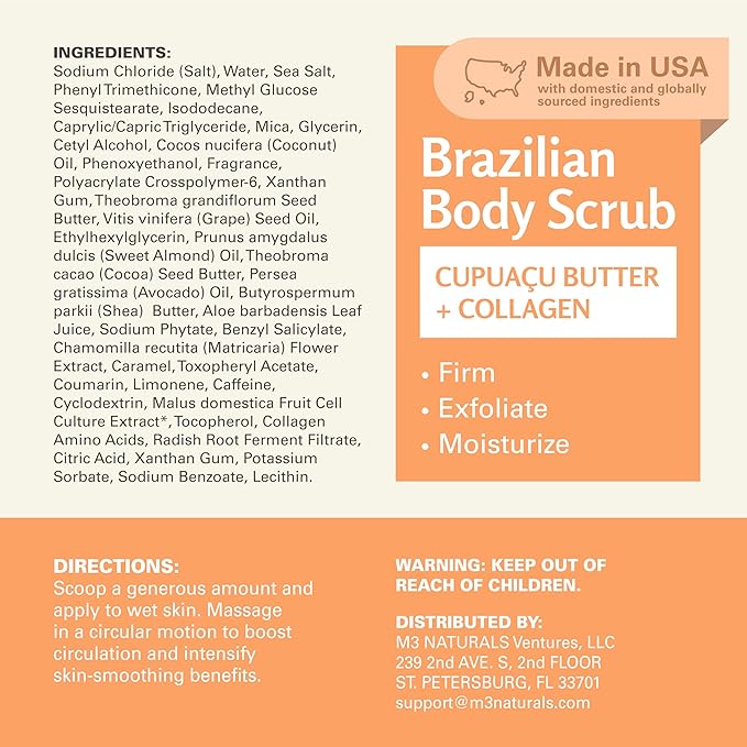 Firming & Moisturizing Brazilian Body Scrub for Body, Hands & Feet, Gentle Body Exfoliator with Cupuacu Butter, Jojoba Oil & Collagen, 16 oz (453 g) by M3