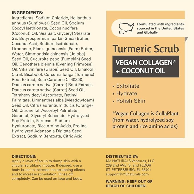 Exfoliating Turmeric Scrub and Skin Exfoliator with Collagen and Coconut Oil, Gently Exfoliates Face, Body, Hands, and Feet, Moisturizing Skincare, 16 oz by M3
