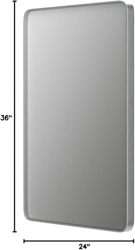 24x36 Inch Brushed Nickel Bathroom Mirror, Brushed Silver Metal Framed Wall Mirror, Rounded Corner Rectangle Vanity Mirror, Tempered Glass, Anti-Rust, Shatterproof (Horizontal/Vertical)