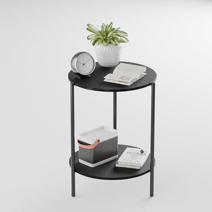 Side Table, Round End Table with 2-Layer Storage Rack, 15.7" Small Spaces Circle Table, Metal Frame Design Small Side Tables, for Living Room, Bedroom, Black