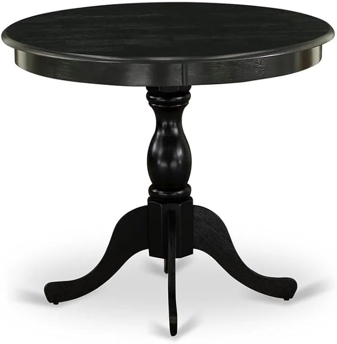 East West Furniture ANVA3-BLK-C 3 Piece Modern Dining Table Set Contains a Round Kitchen Table with Pedestal and 2 Linen Fabric Dining Room Chairs, 36x36 Inch, Black