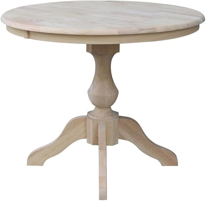 IC International Concepts, 36" Round Top Pedestal Dining Table, 29.9" High, Solid Real Wood, Sturdy Parawood, DIY, Paint/Stain Ready, Unfinished