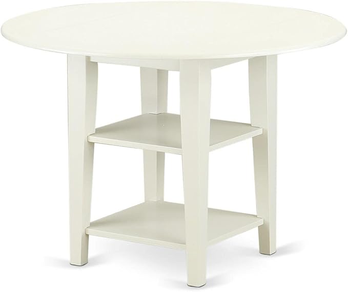 East West Furniture SUDA3-LWH-C 3 Piece Dining Table Set Contains a Round Dining Room Table with Dropleaf & Shelves and 2 Linen Fabric Upholstered Chairs, 42x42 Inch, Linen White