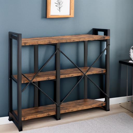 IRONCK Rustic Entryway Console Table, Long Hallway Table 55 in 3-Tier, TV Stand Entertainment Center Media Stand for Living Room, Industrial Style, Vintage Brown