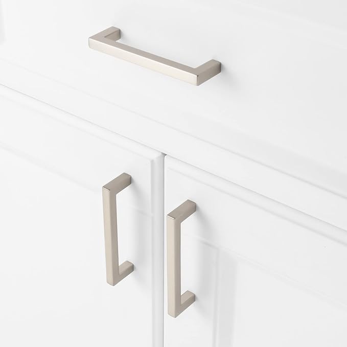 KOOFIZO Solid Square Bar Cabinet Handle - Brushed Nickel Furniture Pull, 3.8 Inch/96mm Screwhole Distance, 10-Pack for Kitchen Cupboard Door, Bedroom Dresser Drawer, Bathroom Wardrobe Hardware