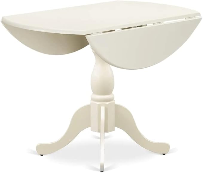 East West Furniture DMIP3-LWH-C 3 Piece Dining Room Furniture Set Contains a Round Kitchen Table with Dropleaf and 2 Linen Fabric Upholstered Dining Chairs, 42x42 Inch, Linen White