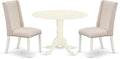 East West Furniture DLFL3-WHI-01 3 Piece Kitchen Table Set Contains a Round Dining Room Table with Dropleaf and 2 Cream Linen Fabric Upholstered Chairs, 42x42 Inch, Linen White