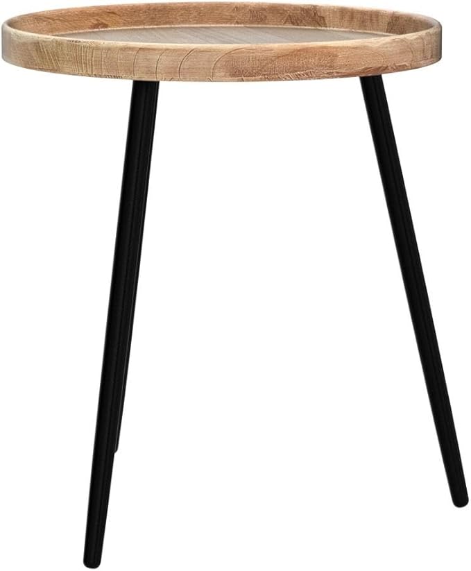 LITA 2 Pcs Round Side End Table, Nightstand Tables, Log Desktop, Wooden Tray Table with Black Metal Stand End Table for Living Room Bedroom Office Small Spaces (M)
