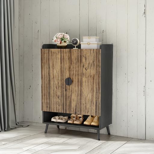 Tribesigns Shoe Cabinet with Doors, 7-Tier Shoe Storage Cabinet with Adjustable Shelves, Wooden Shoes Rack Shoe Storage Organizer for Entryway, Hallway, Closet, Living Room, Rustic Brown