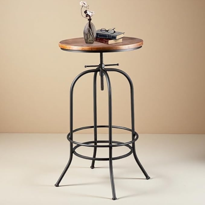 Industrial Bar Table Height Adjustable 37.4-45.3inch Vintage Swivel Pub Tables Solid Wood Top Metal Base with Footrest