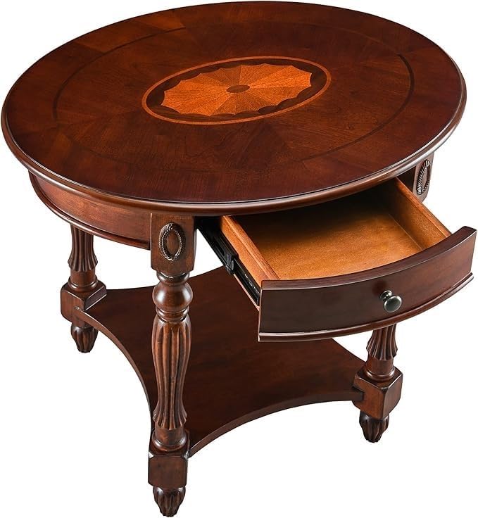 MODERION Solid Wood End Table with Drawer, Oval Sofa Side Table, Storage Shelf, Living Room Corner Table, Nightstand, 24”H Cherry Walnut CJZ1533WD-DR