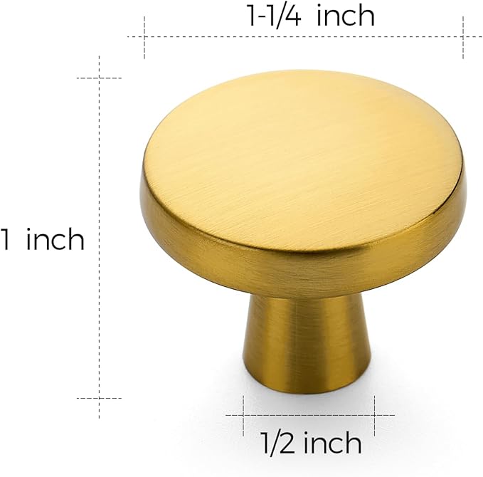 Ravinte 5 Pack Drawer Pulls 1-1/4 Inch Brushed Brass Kitchen Cabinet Knobs Solid Round Gold Dresser Handles for Simple Cupboard Hardware