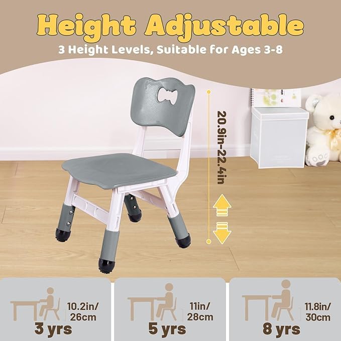 FUNLIO Adjustable Kids Chair (2pcs), 3 Level Height Adjustable Toddler Chair for Ages 3-8, Sturdy Child Chair with Maximum Bearing 220lbs, for Classrooms/Daycares/Homes, CPC & CE Approved - Grey