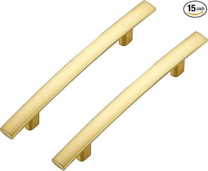 15 Pack Cabinet Handles 3.75" Hole Center - Curved Cabinet Pulls Brushed Brass Drawer Pulls for Kitchen Cupboard Solid Handles for Dresser Drawer Arch Closet Hardware
