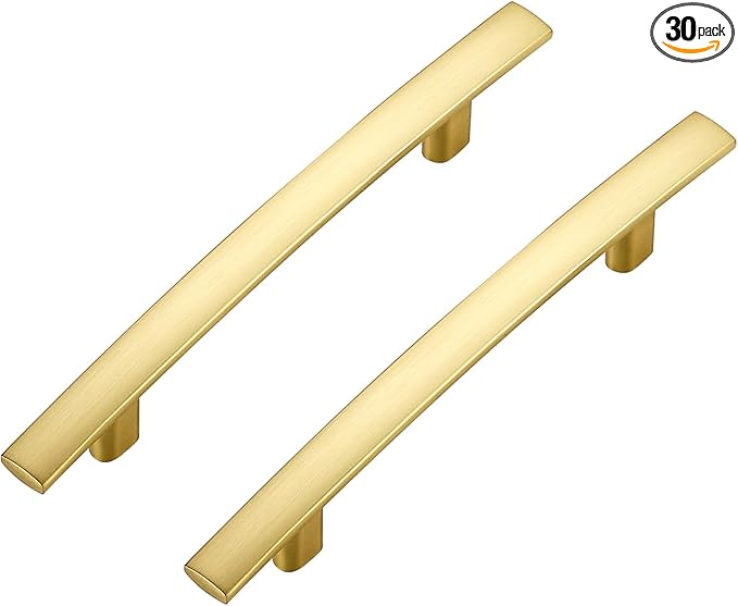30 Pack Cabinet Handles 3.75" Hole Center - Curved Cabinet Pulls Brushed Brass Drawer Pulls for Kitchen Cupboard Solid Handles for Dresser Drawer Arch Closet Hardware