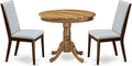 East West Furniture ANLA3-ANA-05 3 Piece Dining Set Contains a Round Kitchen Table with Pedestal and 2 Grey Linen Fabric Parsons Dining Chairs, 36x36 Inch, Natural