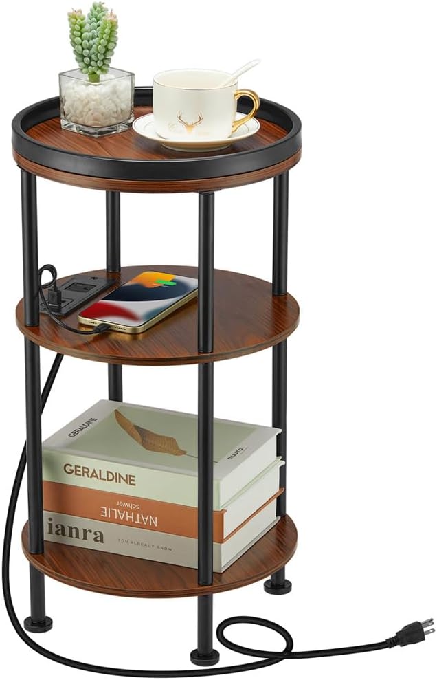 Small Round Side Table with Charging Station for Small Spaces, 3-Tier Accent Table with USB Ports & Power Outlets, Sofa Corner Tea Table for Living Room Nightstand Bedroom Apartment (USB, Cherry)