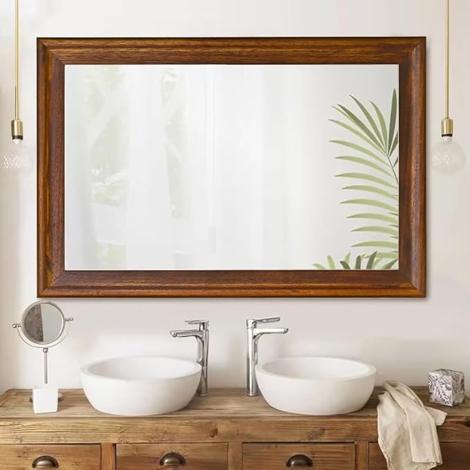 CULER Rustic Wood Wall Mirror for Bathroom,Rectangle 24 x 36 inch Hanging Vanity Mirrors with Wooden Frame for Living Room,Bedroom,Entryway(Walnut Brown)