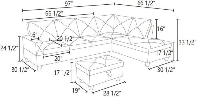 Ginger L-Shaped 3-Piece Faux Leather Sofa with Storage Ottoman Set, Sectional Couch Sofa Set for Living Room, Office, Small Space