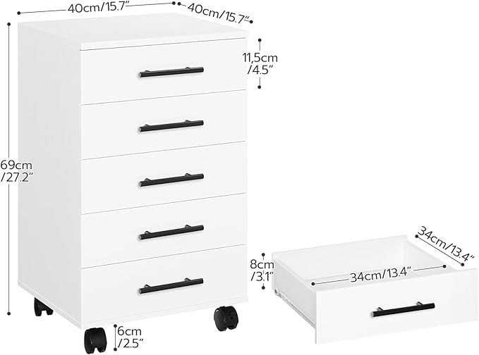 HOOBRO 5-Drawer File Cabinet, Office Filing Cabinet with Drawers, Wooden Mobile Storage Cabinet with Wheels, for Makeup, Home Office, Easy Assembly, White WT05WJ01G1