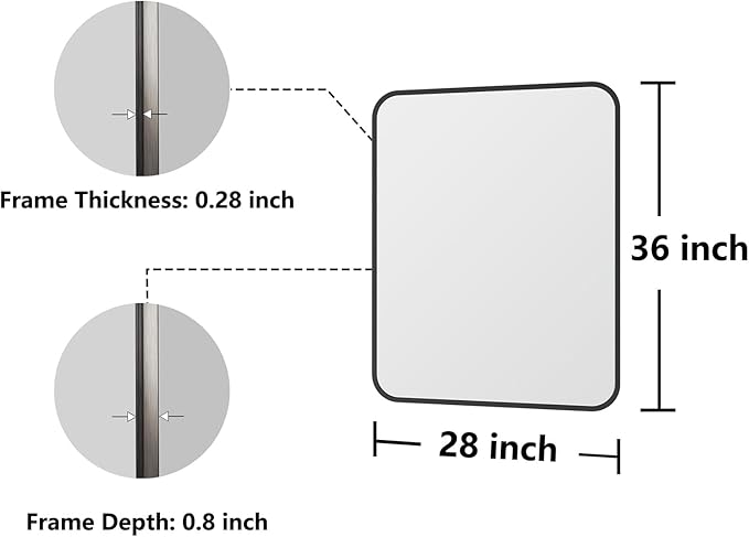 Bathroom Mirror, 28X32 Inch Black Metal Framed Mirror for Bathroom, Tempered Glass, Anti-Rust, Rounded Rectangle Mirror for Restroom, Bedroom, Black