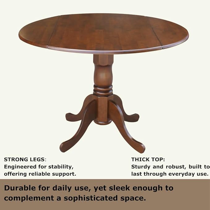 IC International Concepts, 42" Round Dual Drop Leaf Pedestal Dining Table, Solid Wood, Real Parawood, 42" W x 42" D x 29.5" H, Easy Assembly, Espresso