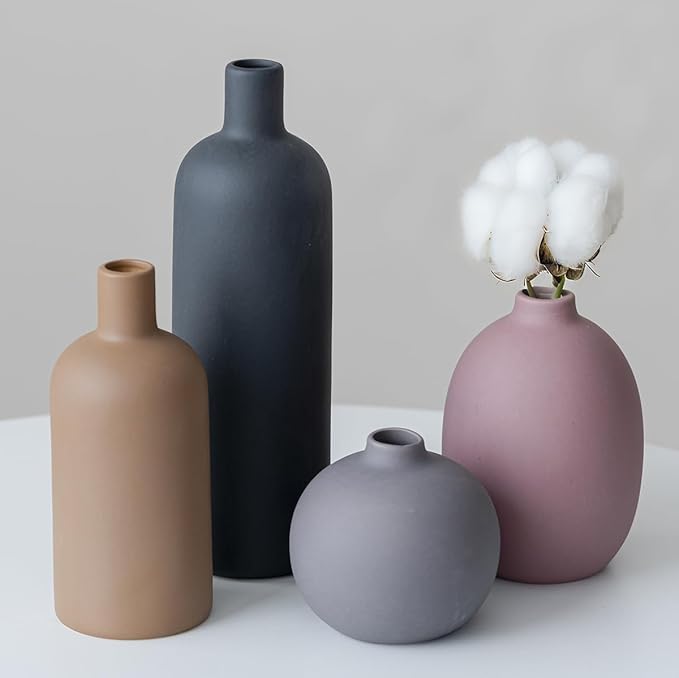 Modern Ceramic Vase Set, Neutral Colors, Decorative Vases for Home Shelf Decor, 4 Piece Collection (Black Mix Set 4)