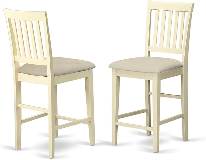 East West Furniture EDVN3-WHI-C 3 Piece Kitchen Counter Height Dining Set Contains a Round Dining Room Table with Pedestal and 2 Linen Fabric Upholstered Chairs, 30x30 Inch, Buttermilk & Cherry