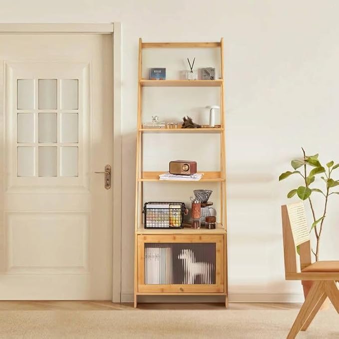 5-Tier Bamboo Ladder Bookshelf with Flip-Up Storage Cabinet - Large Capacity Mid Century Modern Bookcase, Space Saving Accent Furniture Open Display Rack Shelf for Bedroom Living Room Home Office