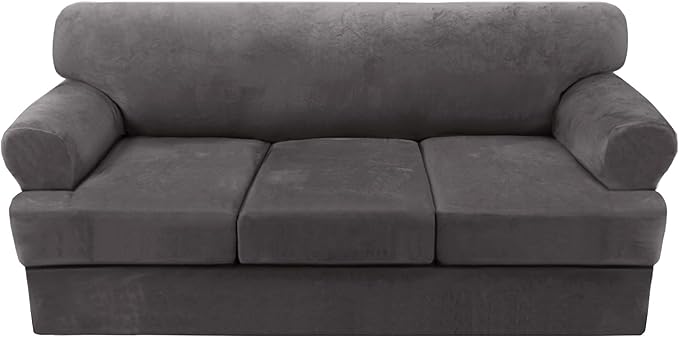 H.VERSAILTEX 4 Piece T Cushion Sofa Slipcovers Thick Velvet Stretch Couch Cover Furniture Protector for 3 Couch Covers with 3 Individual T Cushion Covers Washable, Grey