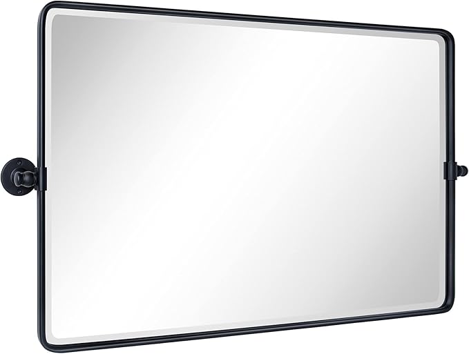 TEHOME 24x38 Horizontal Pivot Bathroom Mirror Tilting Black Metal Framed Pivot Rectangle Bathroom Mirror Rounded Rectangluar Tilting Beveled Vanity Mirrors for Wall