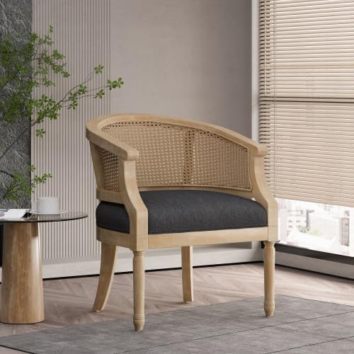 Ball & Cast Accent Chair French Country Lounge Living Room Chairs with Curved Backrest,Cane Webbing Seat w/Upholstered,Seating Furniture for Bedroom,Apartment,Charcoal