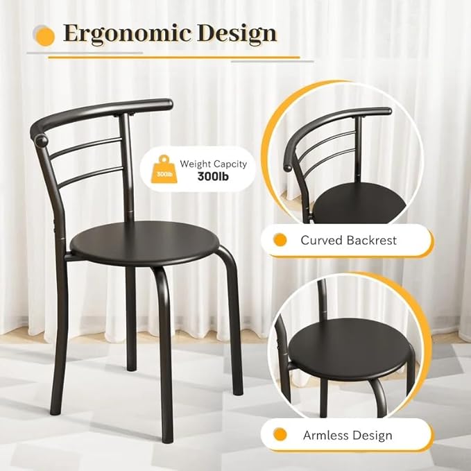 Shahoo 3-Piece Wooden Dining Table Set, Kitchen Breakfast Nook Sets with 2 Chairs & Round Tabletop, Space Saving Furniture Metal Frame and Built-in Wine Rack, Black