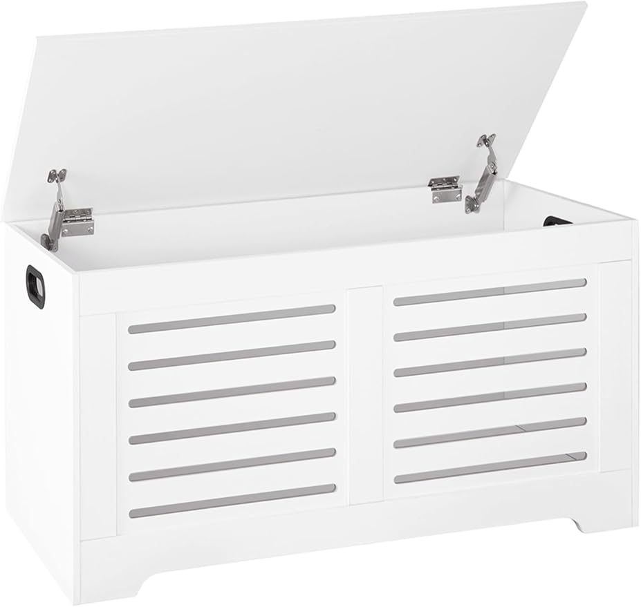DINZI LVJ Storage Chest, Flip-Top Wooden Toy Box with 2 Safety Hinges, Retro Entryway Shoe Storage Bench, Sturdy Large Storage Trunk for Living Room, Bedroom, Easy Assembly, White