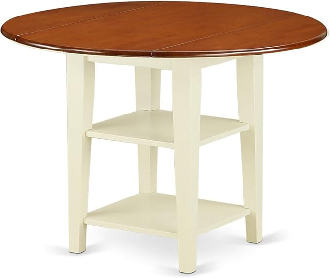 East West Furniture SUWE3-BMK-W 3 Piece Kitchen Table & Chairs Set Contains a Round Dining Table with Dropleaf & Shelves and 2 Dining Room Chairs, 42x42 Inch, Buttermilk & Cherry
