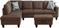 Brown L-Shaped 3-Piece Corduroy Fabric Sofa with Storage Ottoman Set, Sectional Couch Sofa Set for Living Room, Office, Small Space