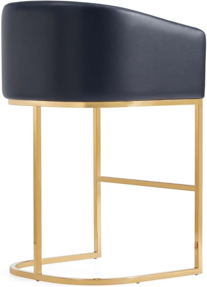 Manhattan Comfort Louvre 26 Inch Mid Century Modern Counter Height Bar Stools - Elegant Faux Leather Padded Seat, Stainless Steel Base with Footrest, Fully Assembled Barstools, Set of 3, Black & Gold