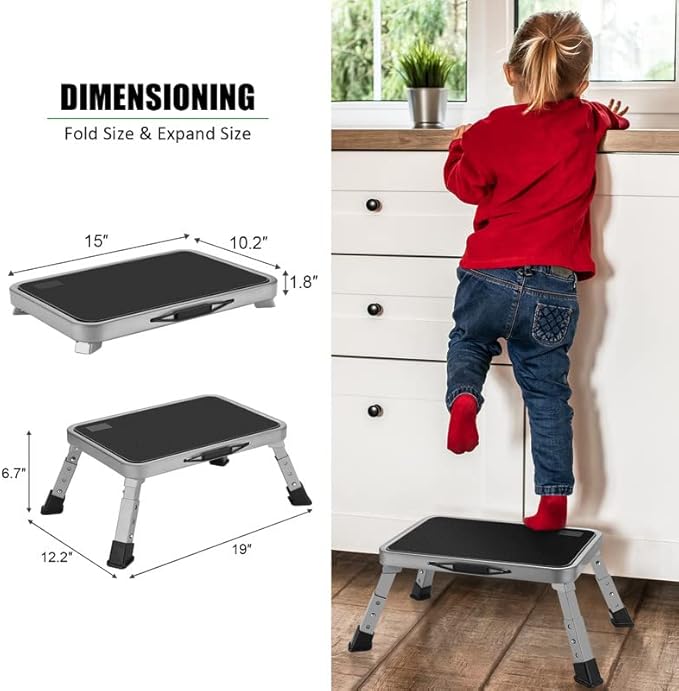 Foldable Step Stool, Adjustable Step Stool with a Non-Slip Platform, Step Ladder with Thick Rubber Feet for Adults or Children in Kitchen, Bedroom, Office, Rv, 330 Lbs Capacity
