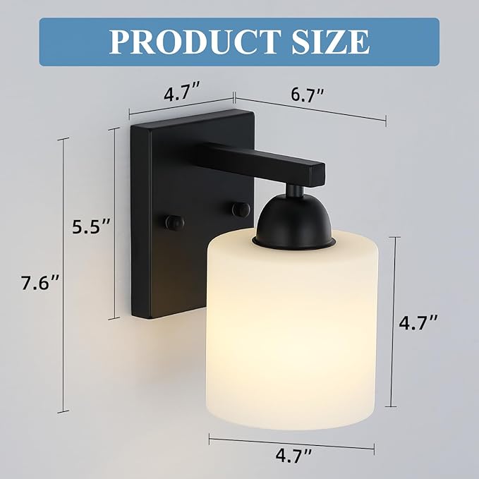 Matte Black Milk Glass Wall Sconces, 1 Pack Hardwired Indoor Wall Light Fixtures for Living Room, Hallway, Bedroom, Ceramic E26 Sockets (Bulbs Not Included)