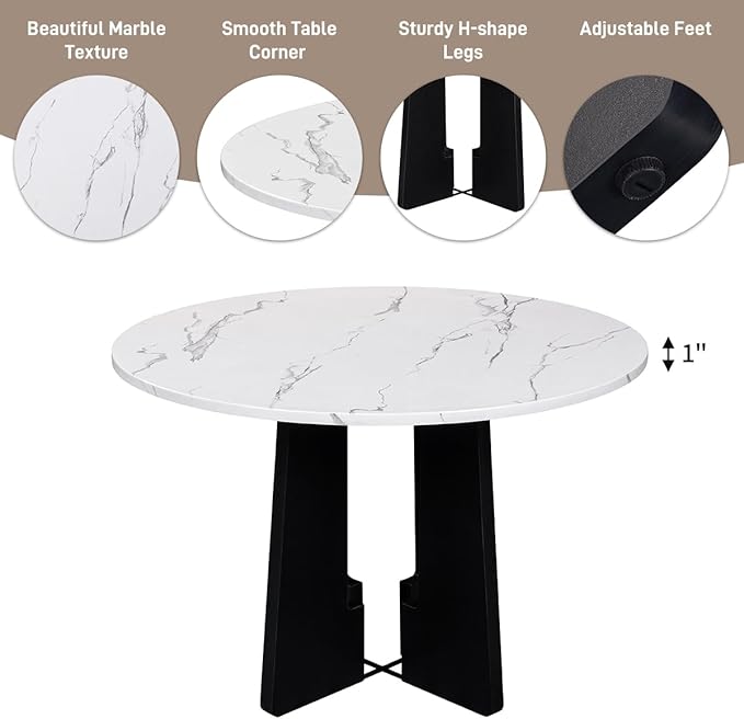 Merax 5-Piece Round Dining Table Set, Modern 4 Upholstered Chairs for Living,Kitchen Room, 43 Inch, White+Gray
