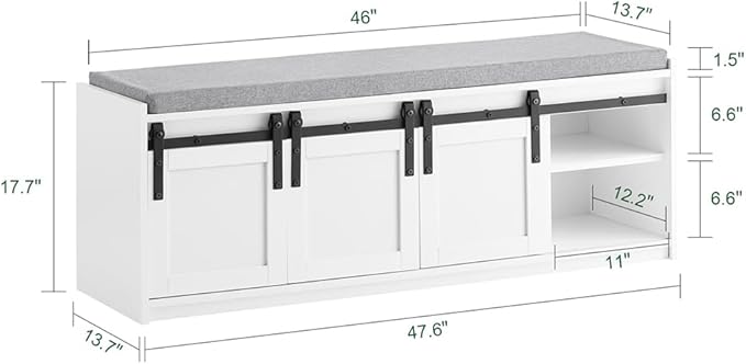 Haotian Industrial Style Shoe Storage Bench, Entryway Hallway Shoe Cabinet, Sliding Barn Doors, Drawer & Padded Seat Cushion, Rustic Window Bench for Mudroom (White) FSR198-W
