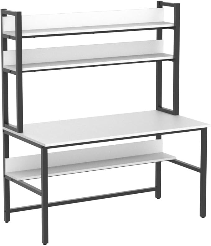 Aquzee Computer Desk, Easy Assembly Gaming Table with Hutch and Shelves, 4 Tiers Desk with Large Wood Desktop, Metal Legs, Ideal for Storage Study Work Writing Homework, White, 55Wx65Hx23.6D Inches