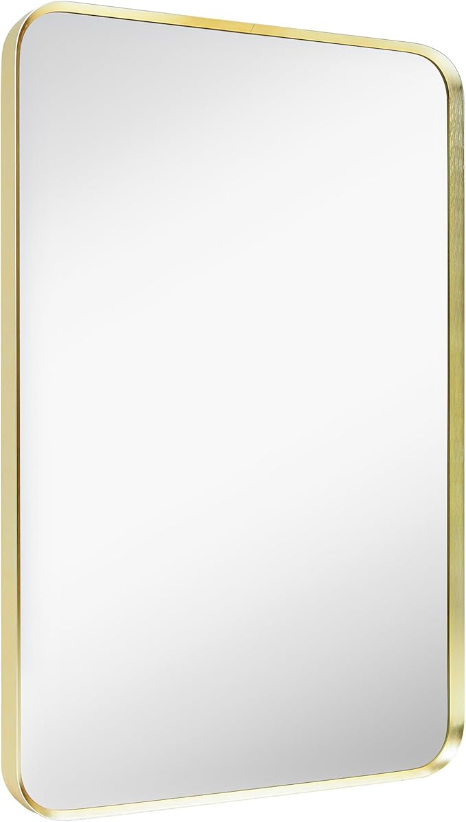 Wall Mount Mirror for Bathroom, Brushed Gold Metal Framed Rounded Corner Rectangular Vanity Mirror (24" x 36", Gold)