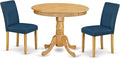 East West Furniture ANAB3-OAK-55 3 Piece Kitchen Table & Chairs Set Contains a Round Dining Room Table with Pedestal and 2 Oasis Blue Faux Leather Parsons Chairs, 36x36 Inch, Oak