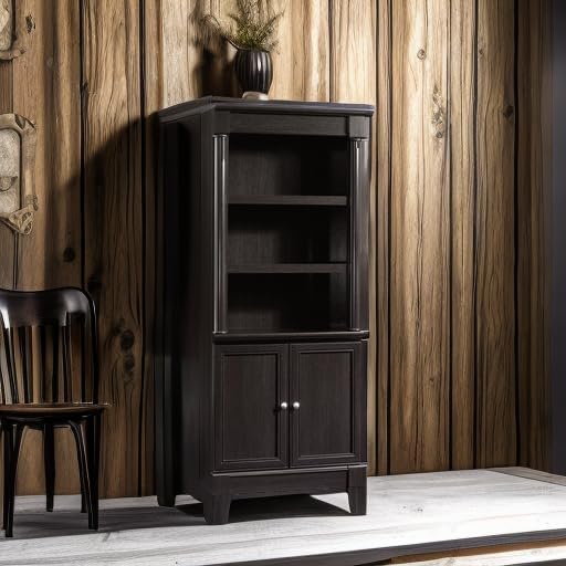 Sauder Palladia Library with Doors/Book Shelf, L: 29.37" x W: 13.90" x H: 71.85", Wind Oak