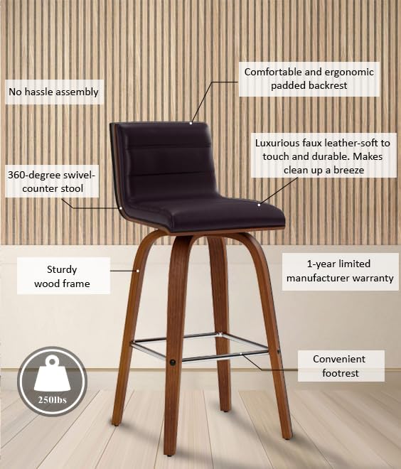 Armen Living Vienna 26" Swivel Counter Stool in Walnut Wood Finish with Brown Faux Leather - Set of 4