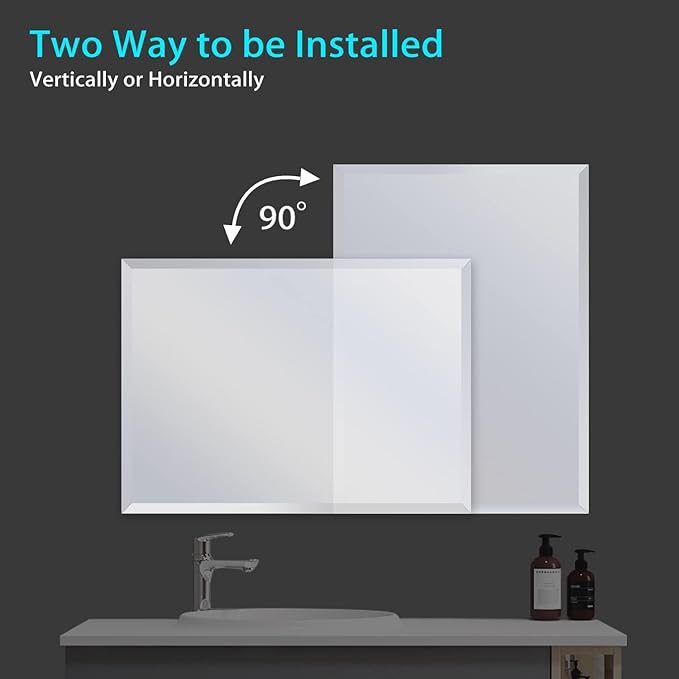 Frameless Beveled Edge Bathroom Mirror 36x24 Inch Rectangle Wall Mirror Explosion Proof and Shatterproof Bathroom Vanity Mirror Wall Mounted Hang Firmly (Horizontal or Vertical)