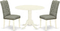 East West Furniture DLEL3-WHI-07 3 Piece Modern Dining Table Set Contains a Round Wooden Table with Dropleaf and 2 Gray Linen Fabric Parson Dining Room Chairs, 42x42 Inch, Linen White